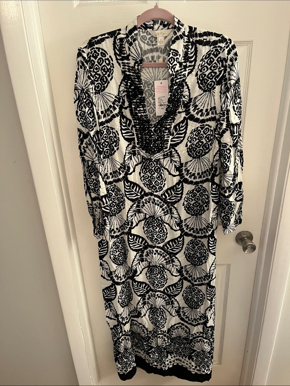 Lilly Pulitzer Black and White Printed Maxi Dress with Embellished V-Neck